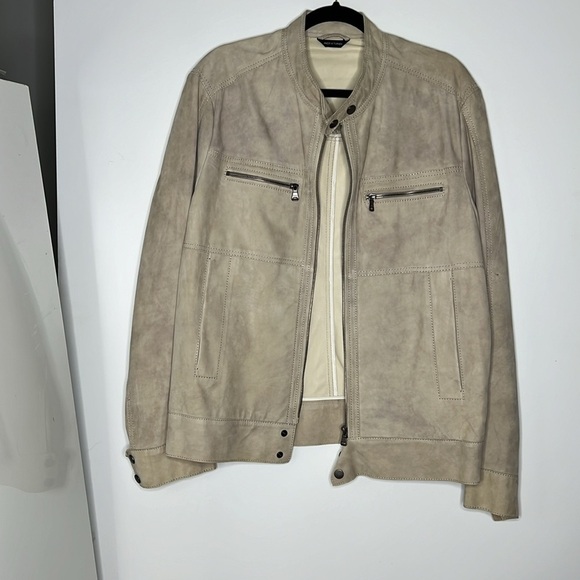 Hugo Boss 44R Light Gray Beige Suede Zip Front Snap Leather Interior Jacket - Picture 3 of 10
